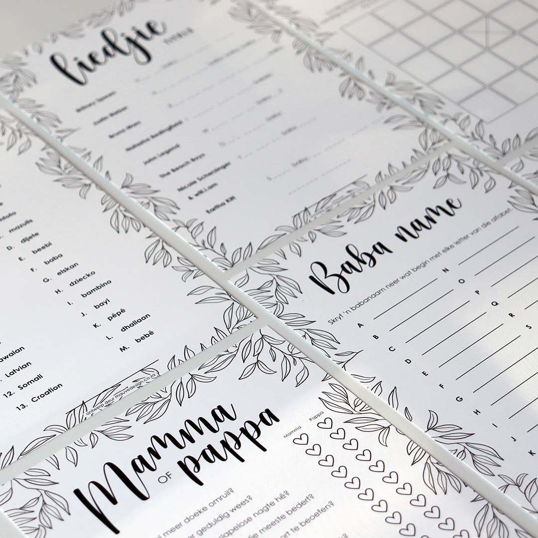 MauveDesign baby shower game, Song titles, Liedjie titels, Mom and Dad, Mamma en Pappa