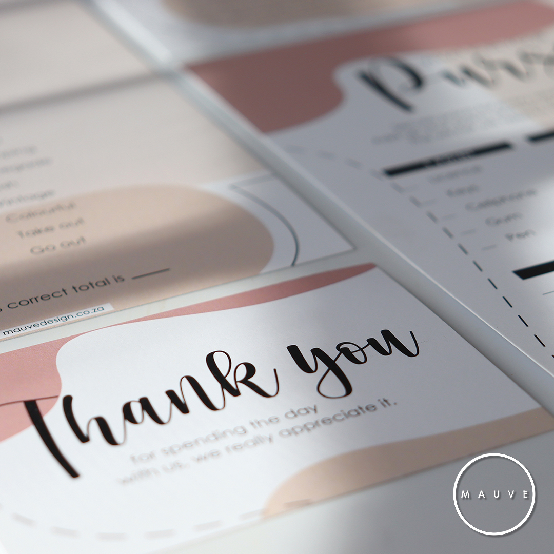 MauveDesign baby shower kitchen tea game, thank you cards