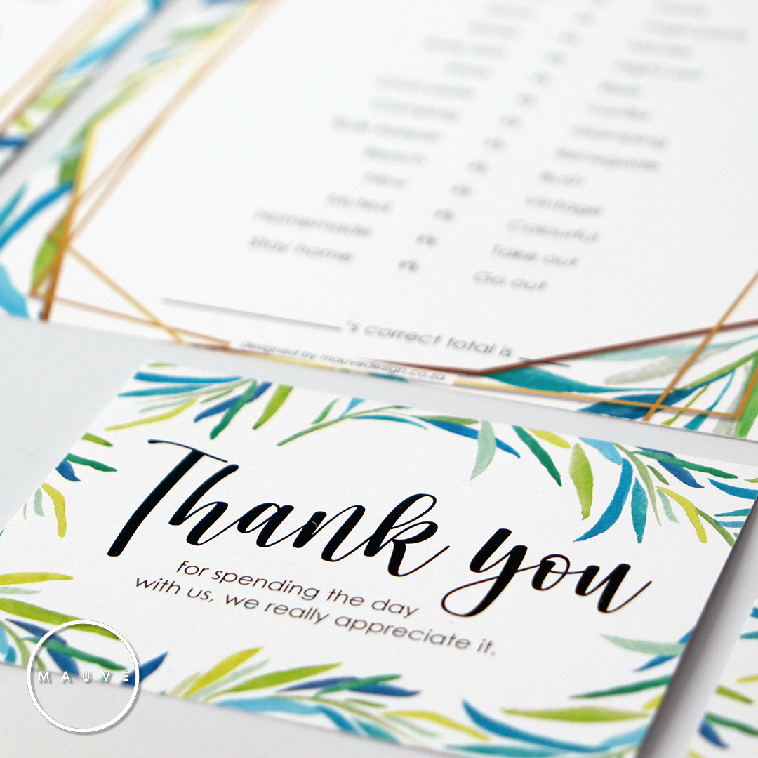 MauveDesign baby shower kitchen tea game, thank you cards