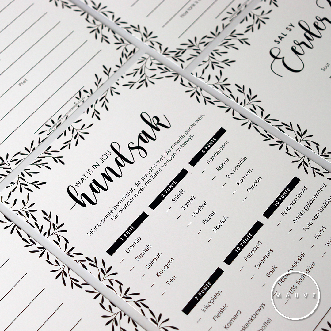 MauveDesign baby shower kitchen tea game, What is in your purse, Wat is in jou handsak
