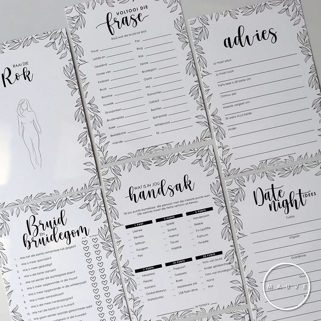 MauveDesign baby shower kitchen tea game, Complete the phrase, voltooi die frase, advice, advies, what's in your purse, guess the dress