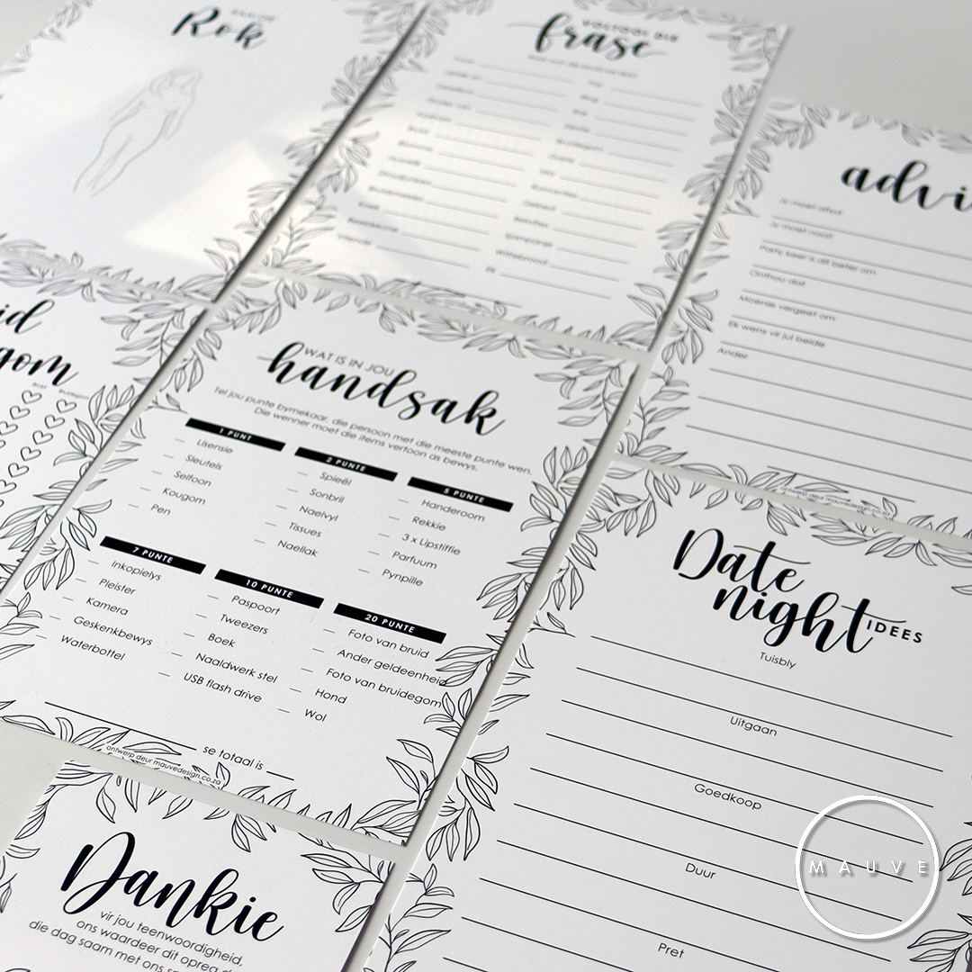 MauveDesign baby shower kitchen tea game, Complete the phrase, voltooi die frase, advice, advies, what's in your purse, guess the dress